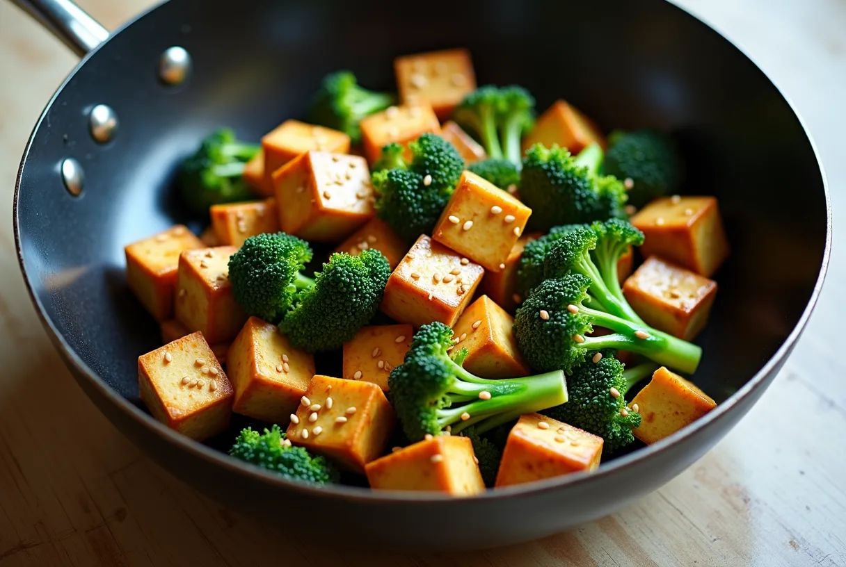 Golden pan-seared tofu cubes tossed with bright green broccoli florets and halved baby bok choy in a glossy sesame sauce, sprinkled with toasted sesame seeds and sliced scallions in a dark skillet.