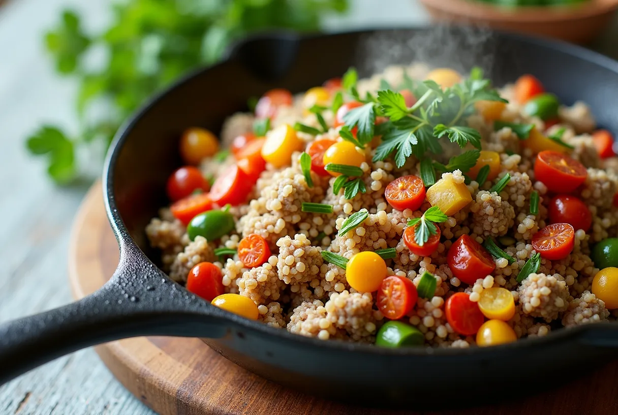 A cast-iron skillet filled with browned ground turkey, fluffy quinoa, diced red bell pepper, zucchini, halved grape tomatoes, and wilted spinach, garnished with chopped parsley and lemon wedges.